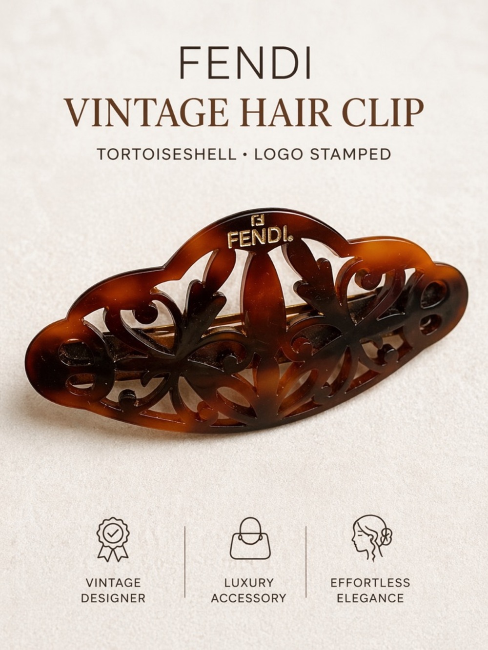 Fendi Vintage Tortoiseshell Hair Clip Logo Barrette Brown Y2K